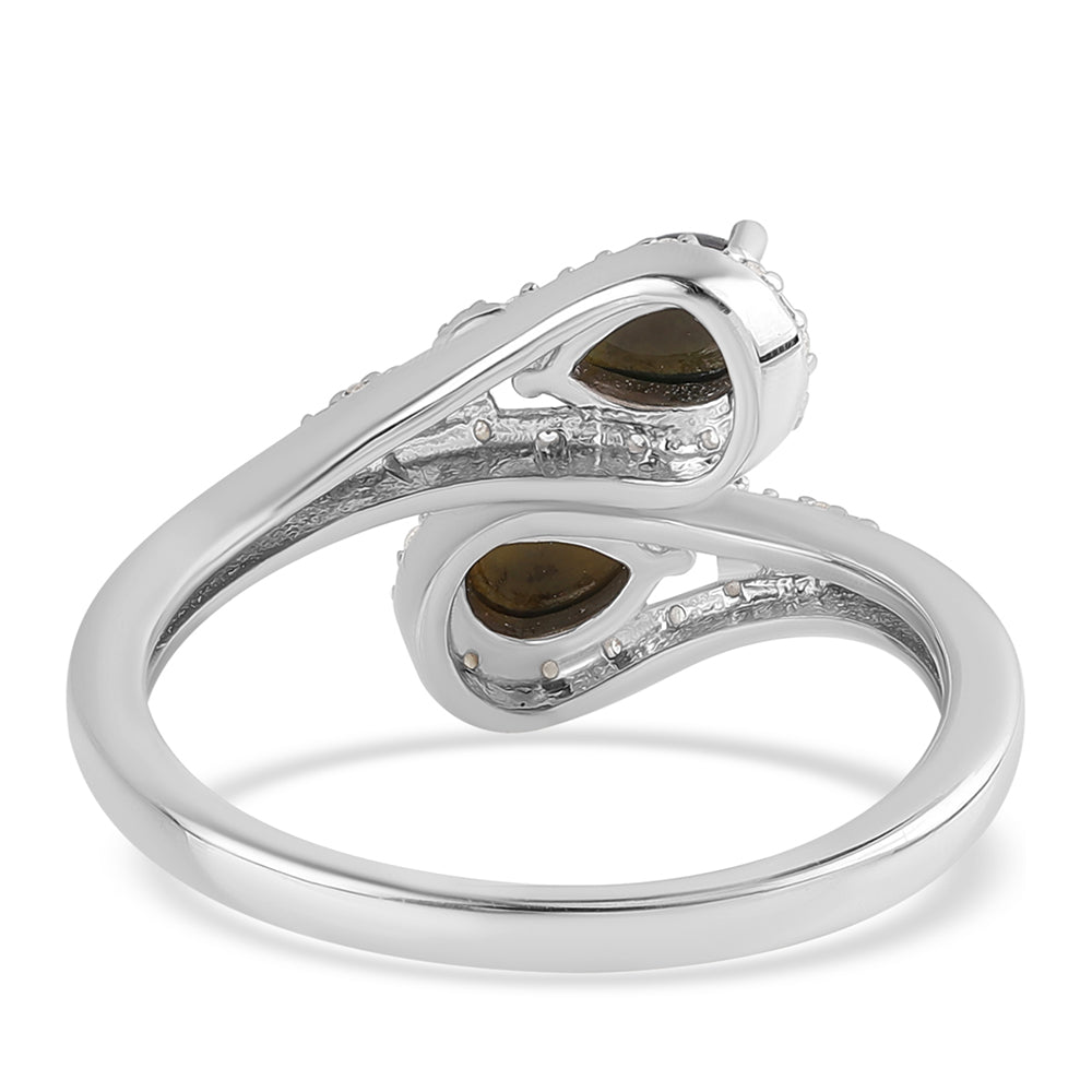 Anel de Prata com Opala Preta de Lega Dembi da Etiópia e Topázio Branco Contraste: Cabeca de Veado (800)