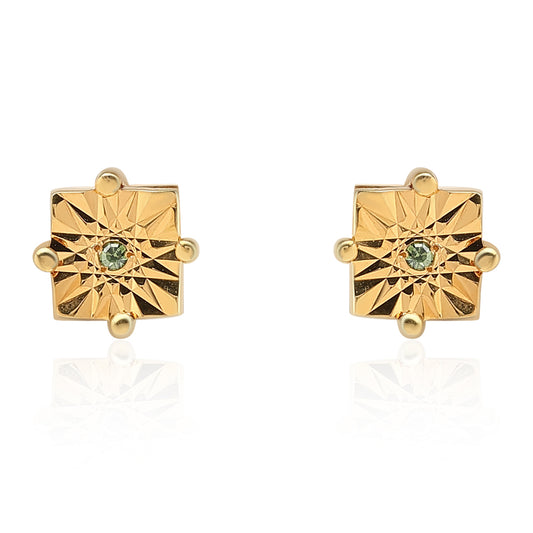 Brincos de Prata com Banho de Ouro com Diamante Verde