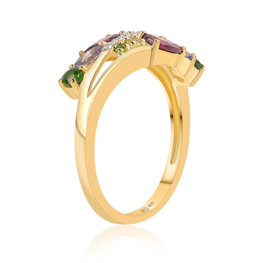 Anel de Prata com Banho de Ouro com Granada de Rhodolite e Tanzanite Contraste: Cabeca de Veado (800)