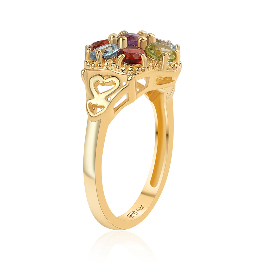 Anel de Prata com Banho de Ouro com Granada Vermelha e Citrino Contraste: Cabeca de Veado (800)