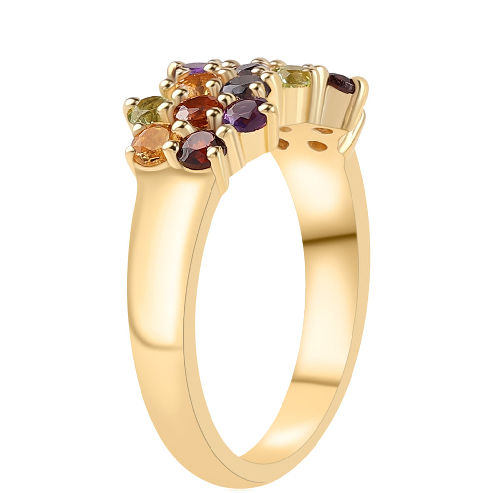 Anel de Prata com Banho de Ouro com Ametista Africano e Granada Vermelha Contraste: Cabeca de Veado (800)