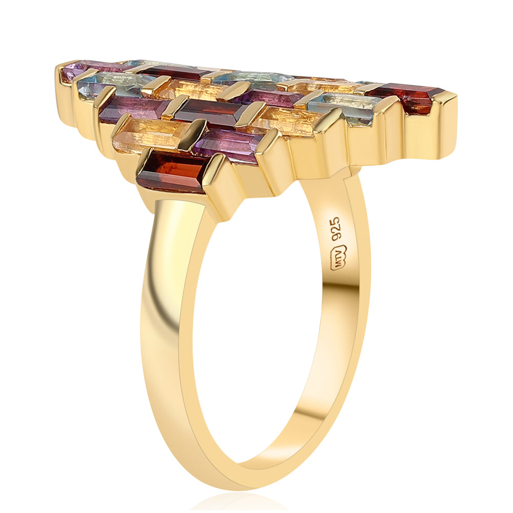 Anel de Prata com Banho de Ouro com Ametista Africano e Citrino Contraste: Cabeca de Veado (800)