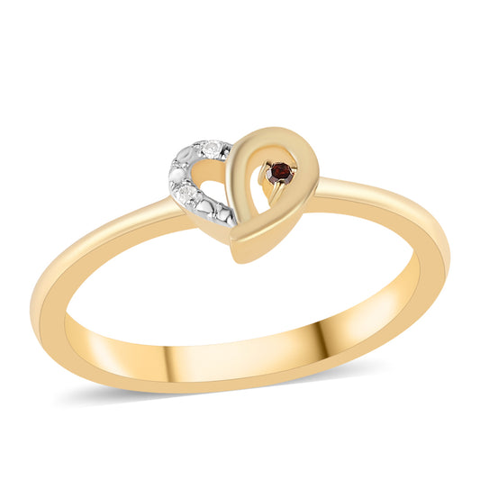 Anel de Prata com Banho de Ouro com Diamante Vermelho e Diamante Branco