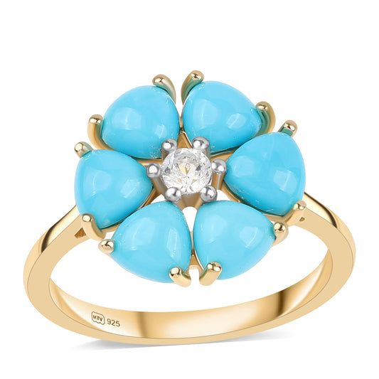 Anel de Prata com Banho de Ouro com Turquesa Bela Adormecida e Topázio Branco