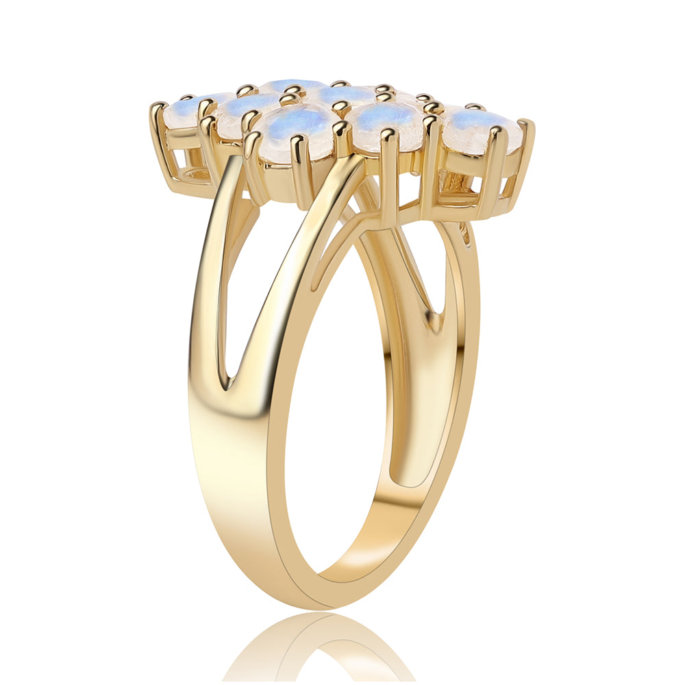 Anel de Prata com Banho de Ouro com Pedra da Lua Arco-íris AA Contraste: Cabeca de Veado (800)