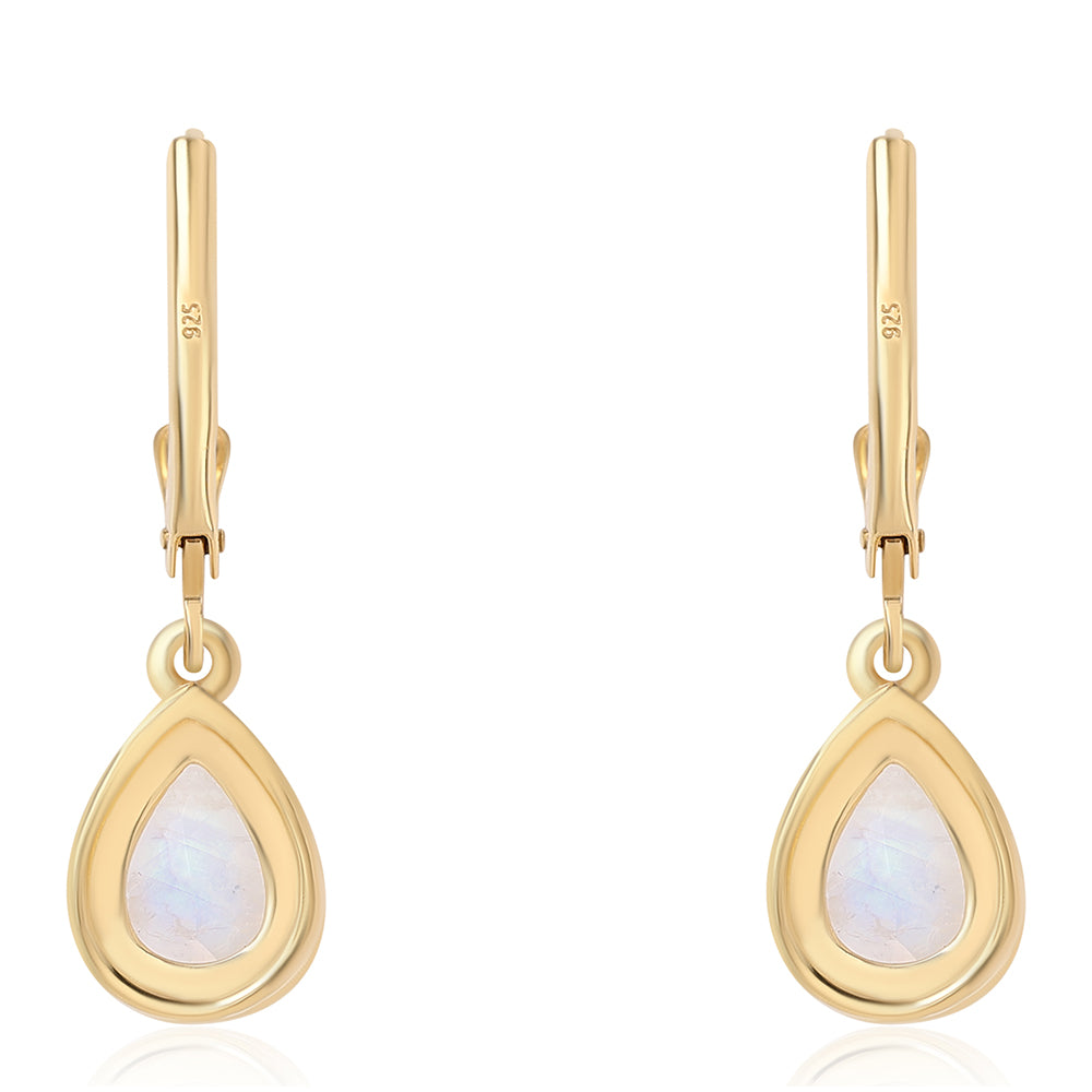 Brincos de Prata com Banho de Ouro com Pedra da Lua Arco-íris AA e Topázio Branco