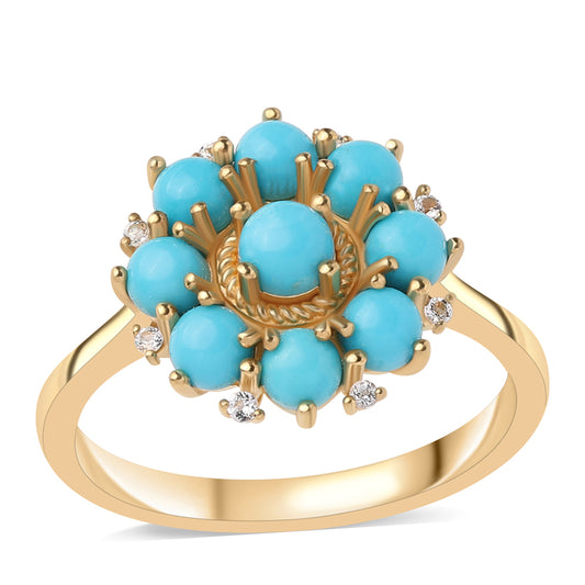 Anel de Prata com Banho de Ouro com Turquesa Bela Adormecida e Topázio Branco Contraste: Cabeca de Veado (800)