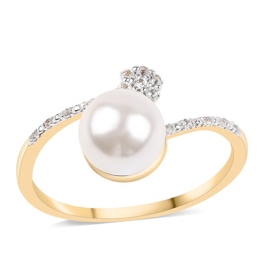Anel de Prata com Banho de Ouro com Pérola de Água Doce Branca e Topázio Branco