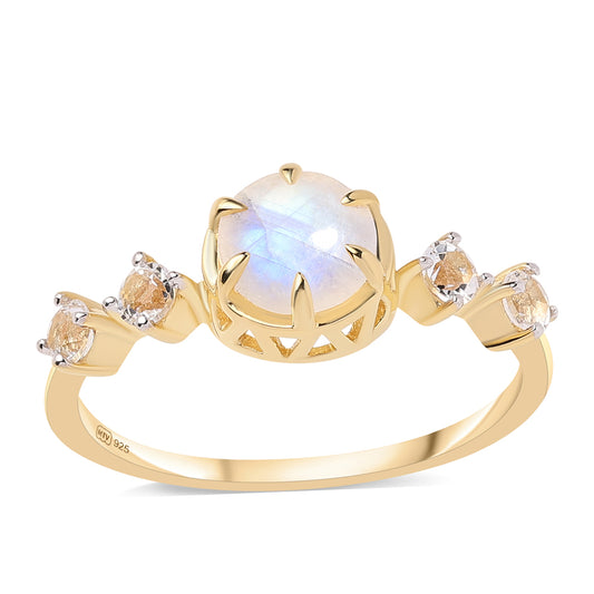 Anel de Prata com Banho de Ouro com Pedra da Lua Arco-íris AA e Topázio Branco