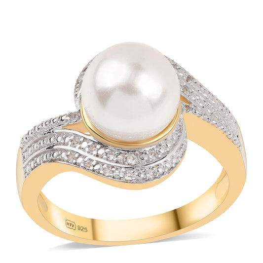 Anel de Prata com Banho de Ouro com Pérola de Água Doce Branca e Topázio Branco Contraste: Cabeca de Veado (800)