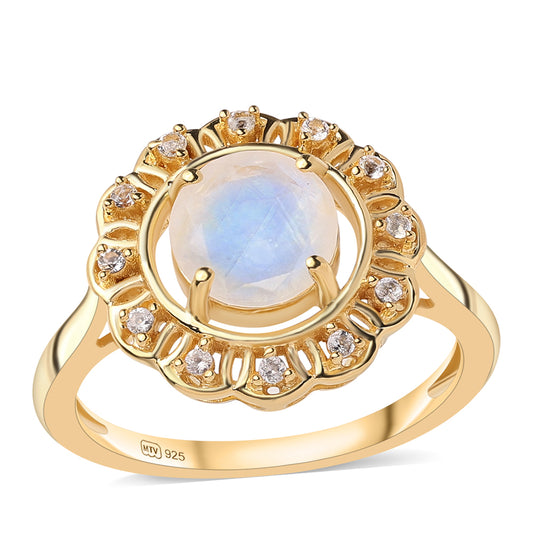 Anel de Prata com Banho de Ouro com Pedra da Lua Arco-íris AA e Topázio Branco Contraste: Cabeca de Veado (800)