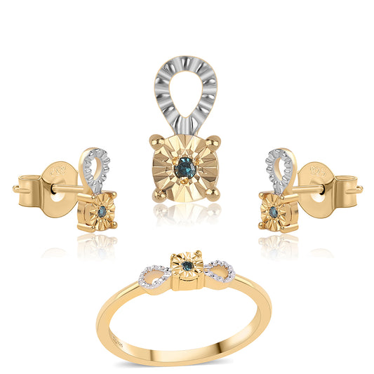 Conjunto de Prata com Banho de Ouro com Diamante Azul ( Brincos+Anel+Pendente )