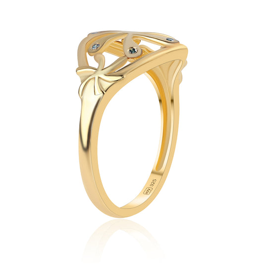 Anel de Prata com Banho de Ouro com Diamante Azul