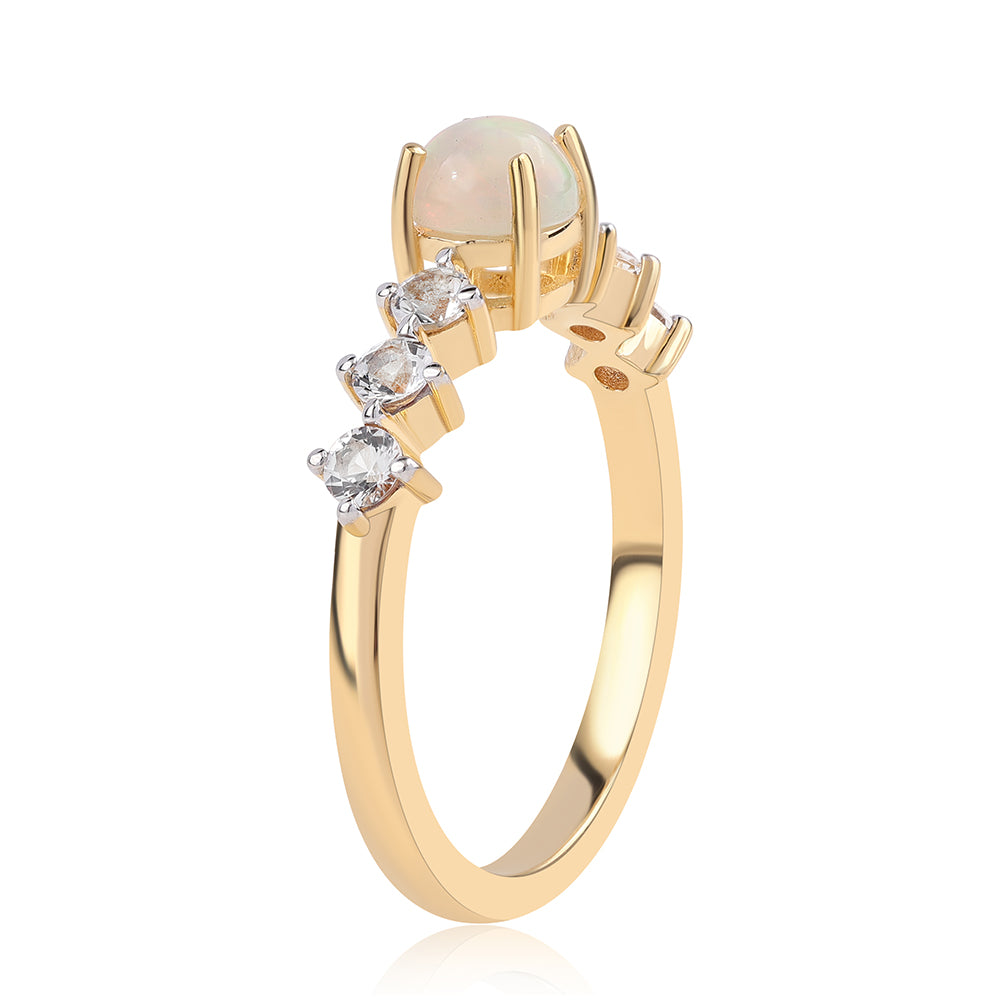 Anel de Prata com Banho de Ouro com Opala da Etiópia de Lega Dembi e Topázio Branco