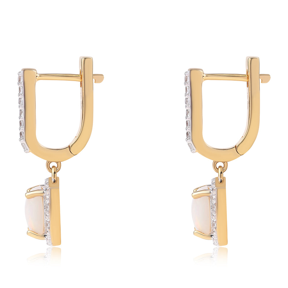 Brincos de Prata com Banho de Ouro com Opala da Etiópia de Lega Dembi e Topázio Branco