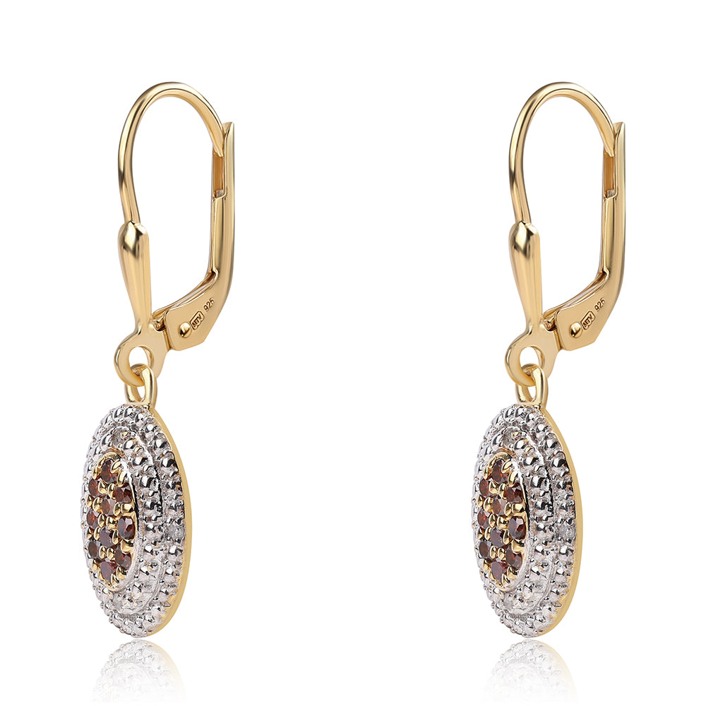 Brincos de Prata com Banho de Ouro com Diamante Vermelho e Diamante Branco