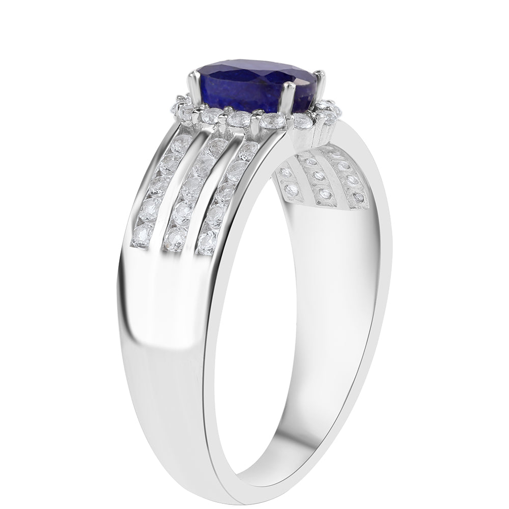 Anel de Prata com Safira Azul Australiana e Topázio Branco Contraste: Cabeca de Veado (800)