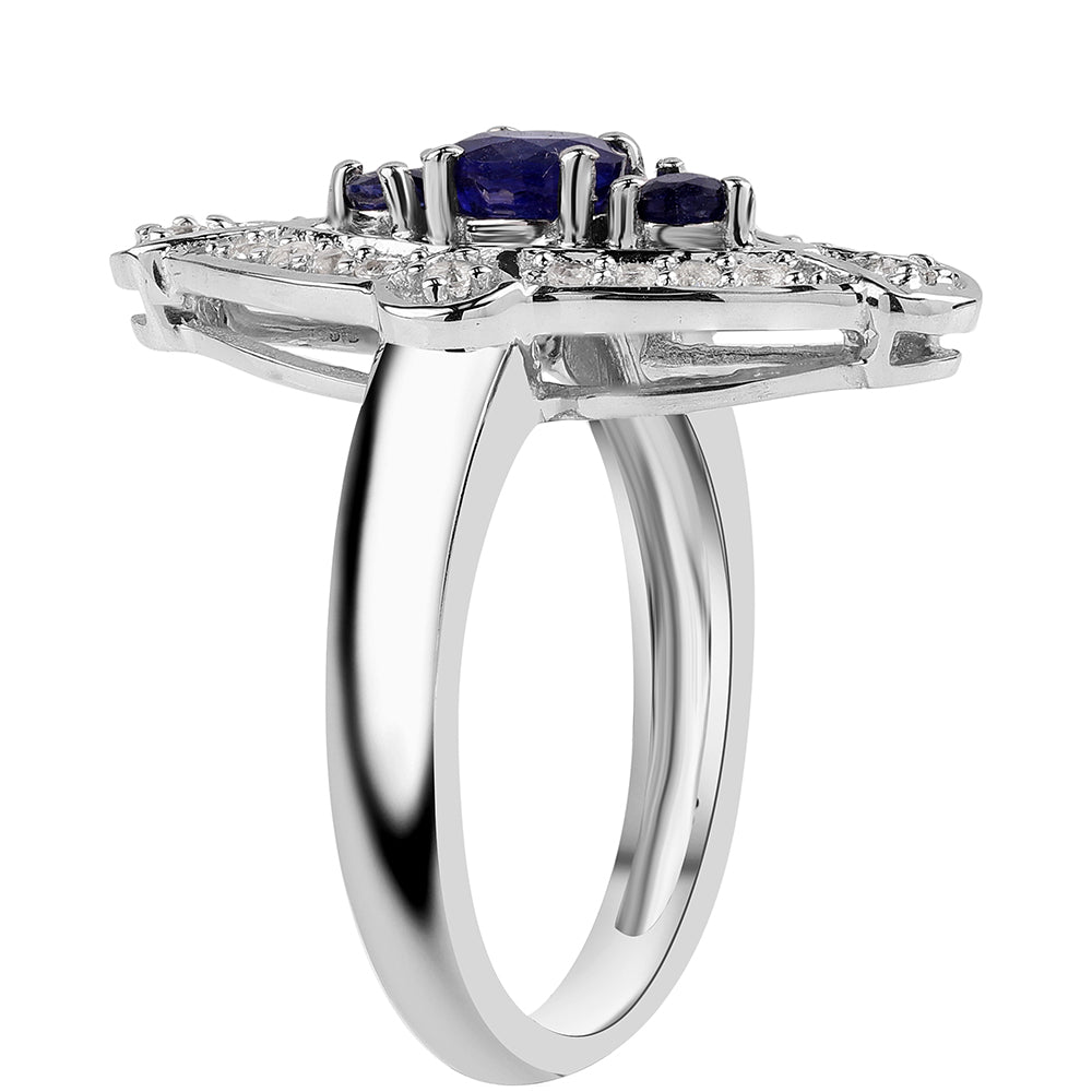 Anel de Prata com Safira Azul Australiana e Topázio Branco Contraste: Cabeca de Veado (800)