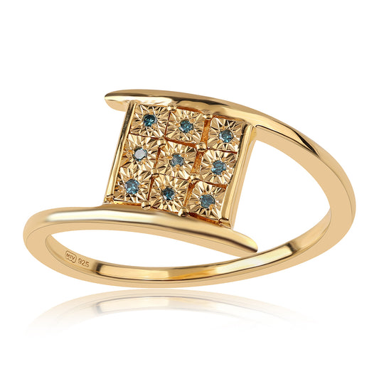 Anel de Prata com Banho de Ouro com Diamante Azul