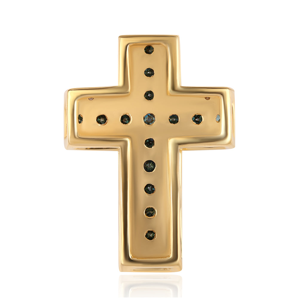 Cruz Pendente de Prata com Banho de Ouro com Diamante Azul e Diamante Branco