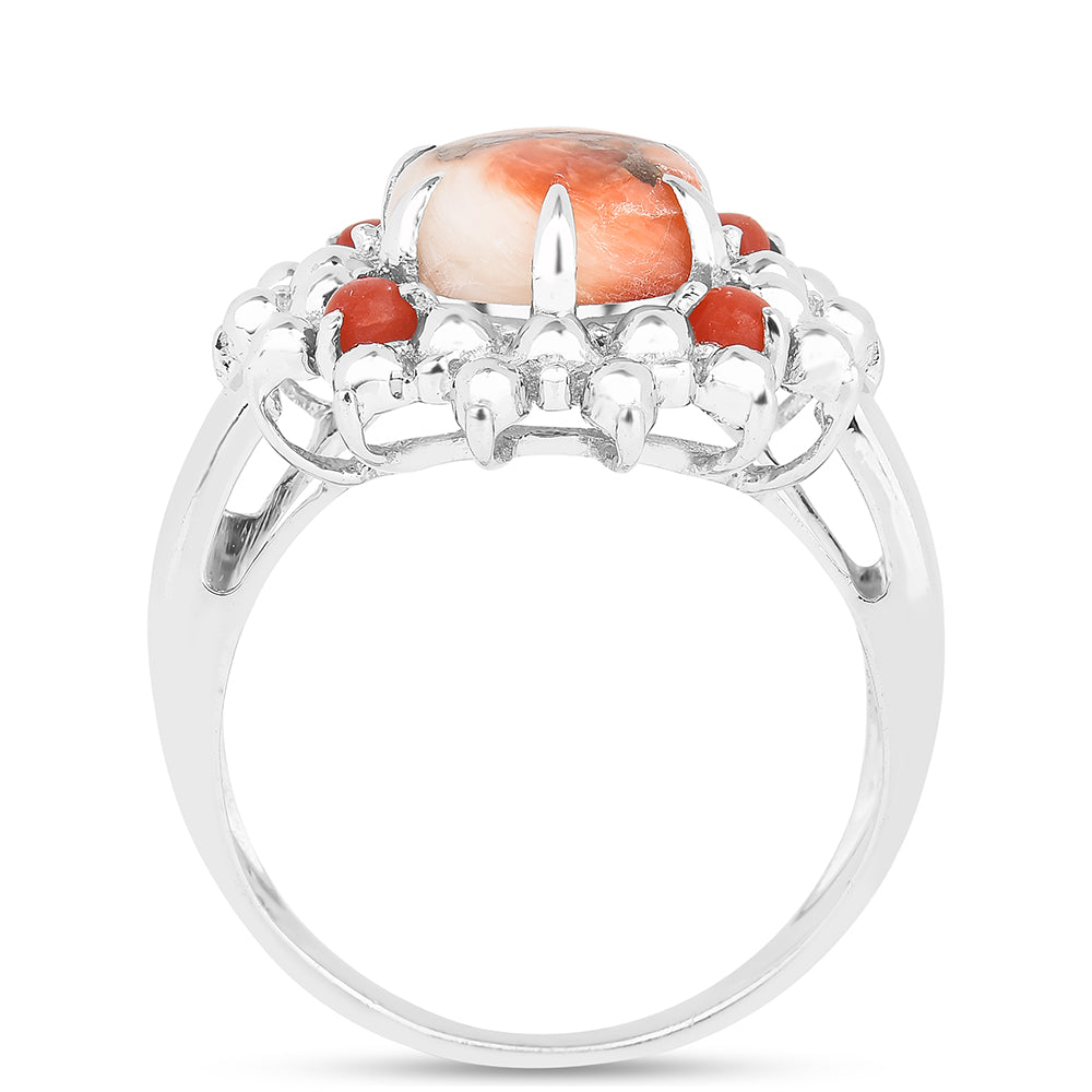 Anel de Prata com Ostra Turquesa e Coral Vermelho Contraste: Cabeca de Veado (800)