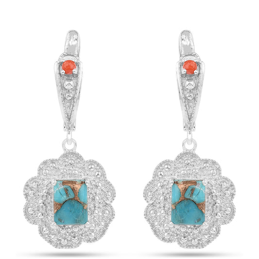 Brincos de Prata com Ostra Turquesa e Coral Vermelho