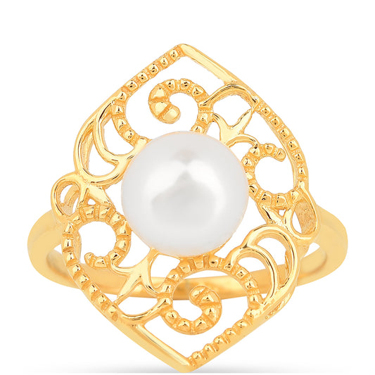 Anel de Prata com Banho de Ouro com Pérola Branca de Água Creme