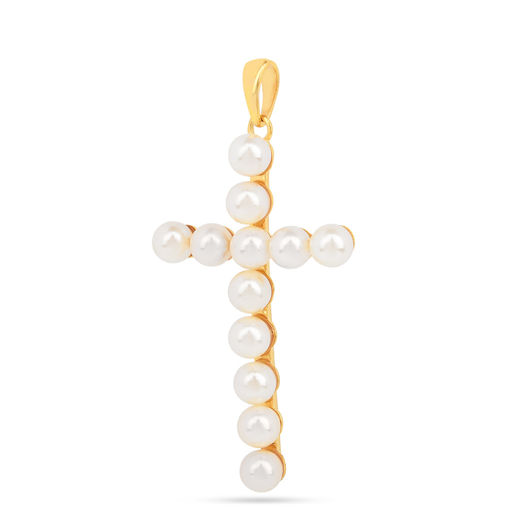 Cruz Pendente de Prata com Banho de Ouro com Pérola Branca de Água Creme