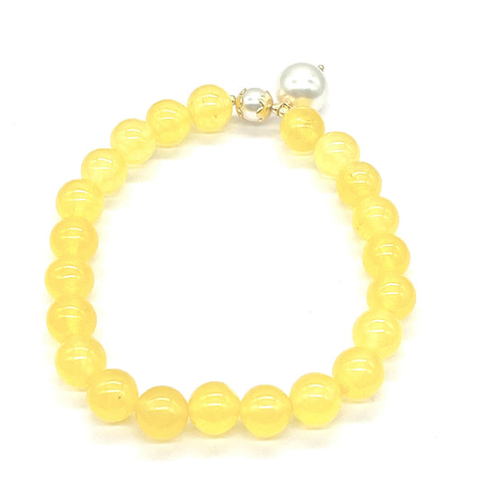 Pulseira de Prata com Banho de Ouro com Jadeite Amarela do Rio Marsden e Pérola de Vidro