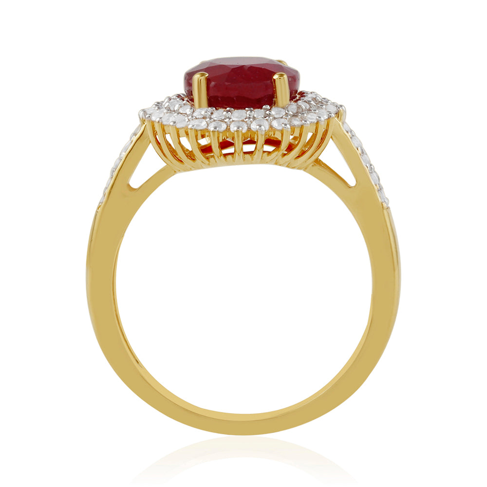 Anel de Prata com Banho de Ouro com Rubi da Tailândia e Topázio Branco Contraste: Cabeca de Veado (800)