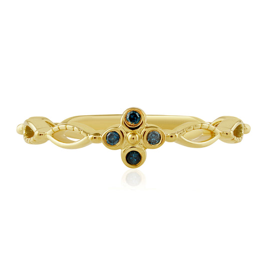 Anel de Prata com Banho de Ouro com Diamante Azul