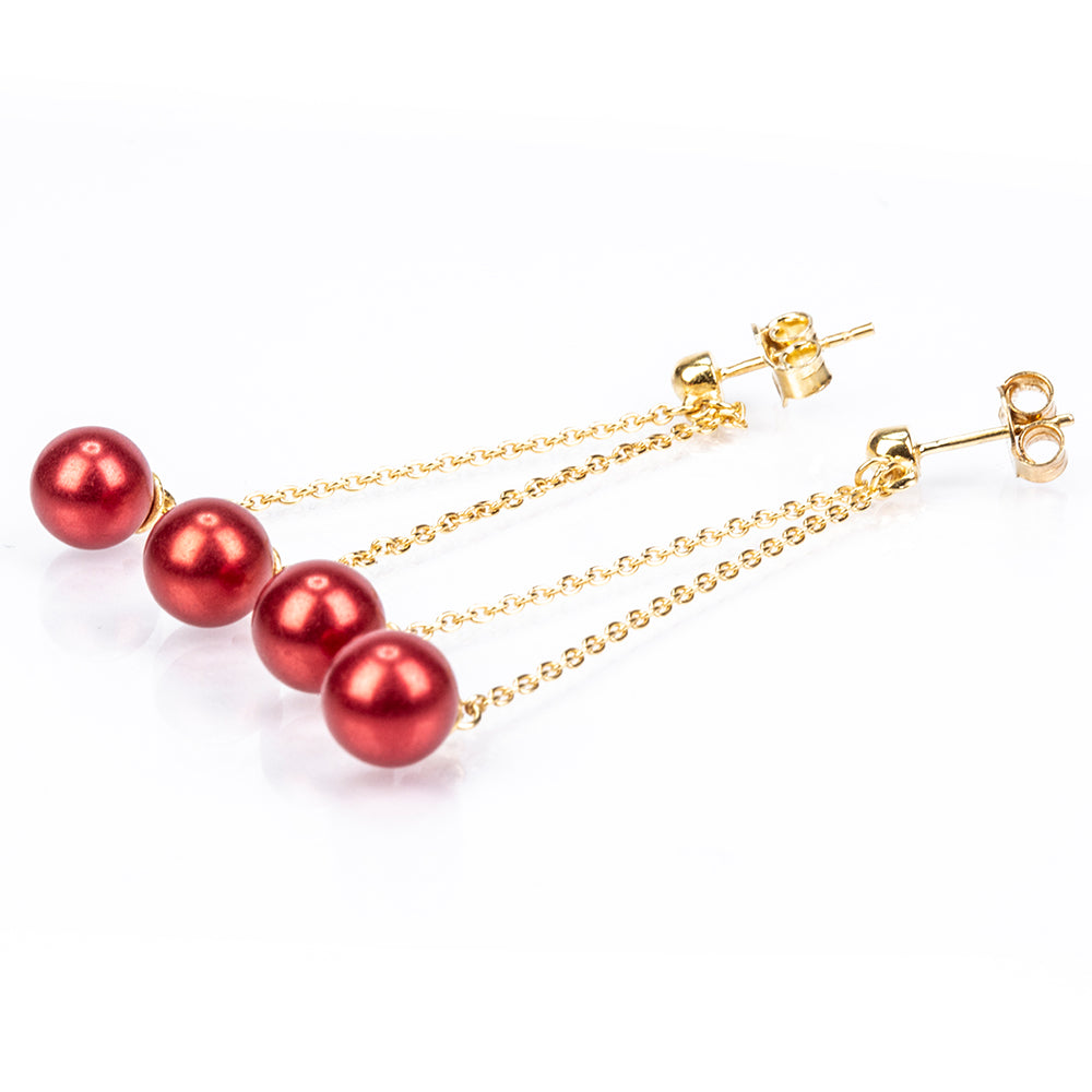 Brincos de Prata com Banho de Ouro com Pérola Vermelha de Água Doce