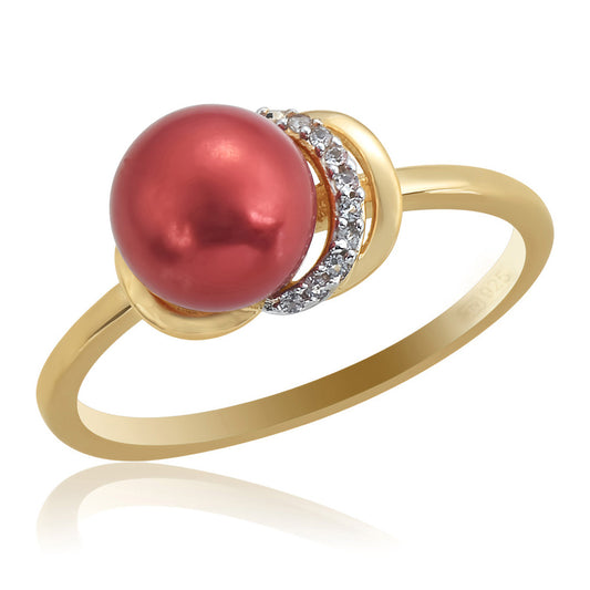 Anel de Prata com Banho de Ouro com Pérola Vermelha de Água Doce e Topázio Branco
