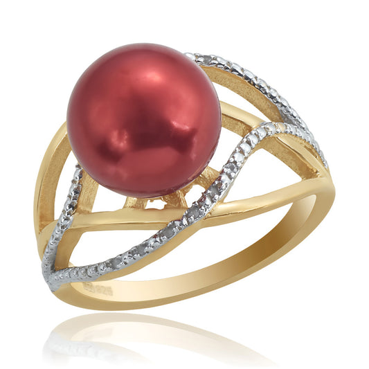 Anel de Prata com Banho de Ouro com Pérola Vermelha de Água Doce e Topázio Branco Contraste: Cabeca de Veado (800)