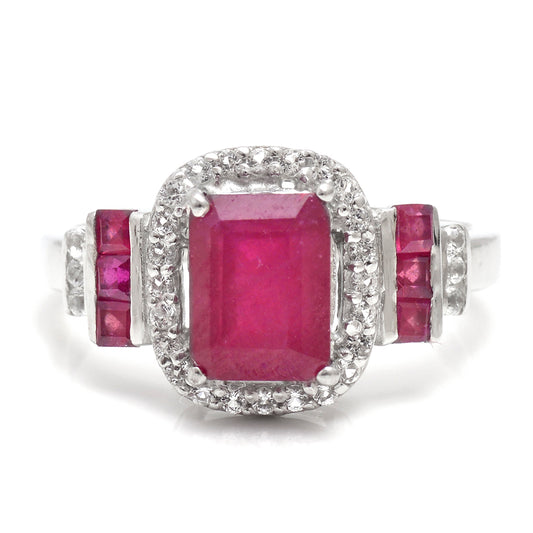 Anel de Prata com Rubi de Madagáscar e Topázio Branco Contraste: Cabeca de Veado (800)