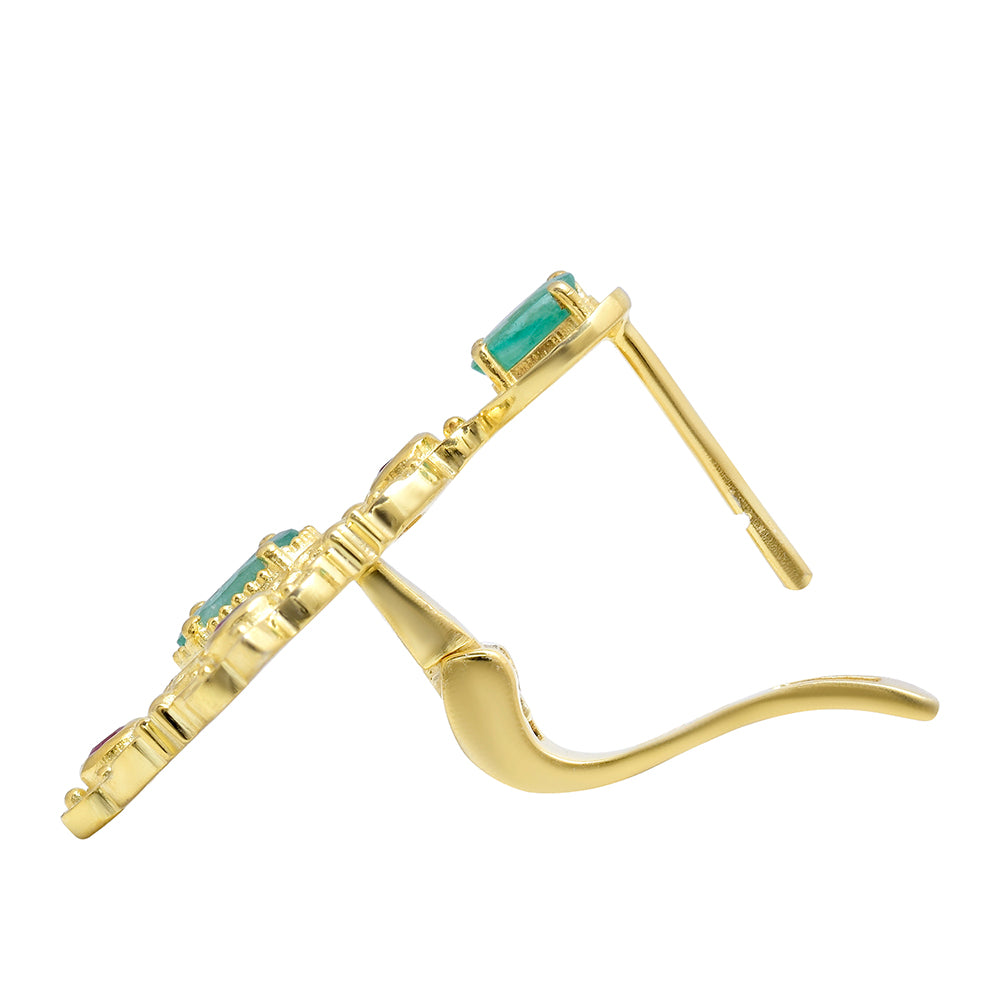 Brincos de Prata com Banho de Ouro com Rubi de Madagáscar e Esmeralda do Brasil Contraste: Cabeca de Veado (800)