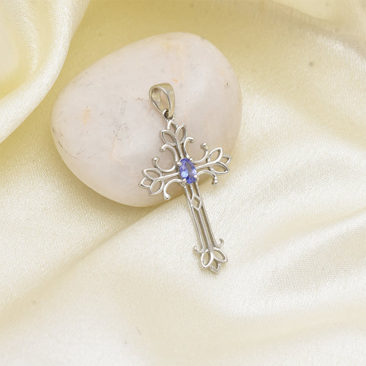 Cruz Pendente de Prata com Tanzanite AAA