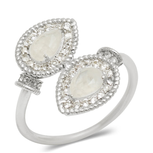Anel de Prata com Pedra da Lua Arco-íris e Topázio Branco
