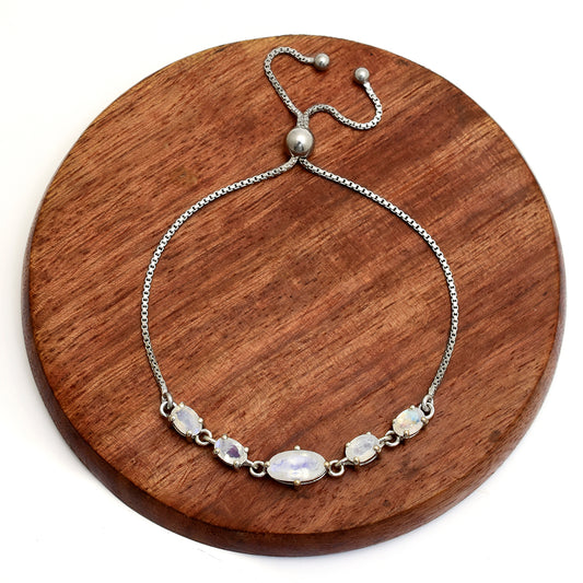 Pulseira de Prata com Pedra da Lua Arco-íris Contraste: Cabeca de Veado (800)