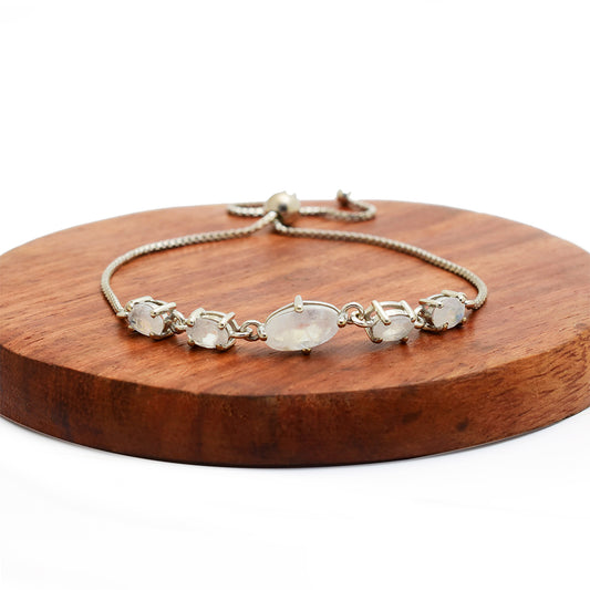 Pulseira de Prata com Pedra da Lua Arco-íris Contraste: Cabeca de Veado (800)