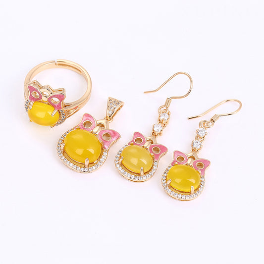 Conjunto de Liga de Ouro com Cristal Emporia® Amarelo e Cristal Emporia® Branco ( Brincos+Anel+Pendente )