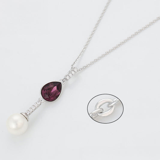 Colar de Liga de Ouro com Cristal Emporia® Roxo e Pérola de Vidro