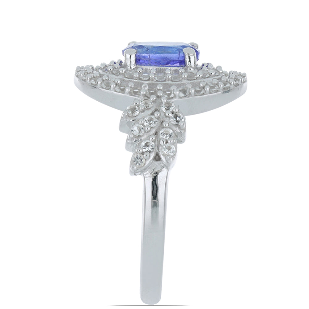 Anel de Prata com Tanzanite e Topázio Branco Contraste: Cabeca de Veado (800)