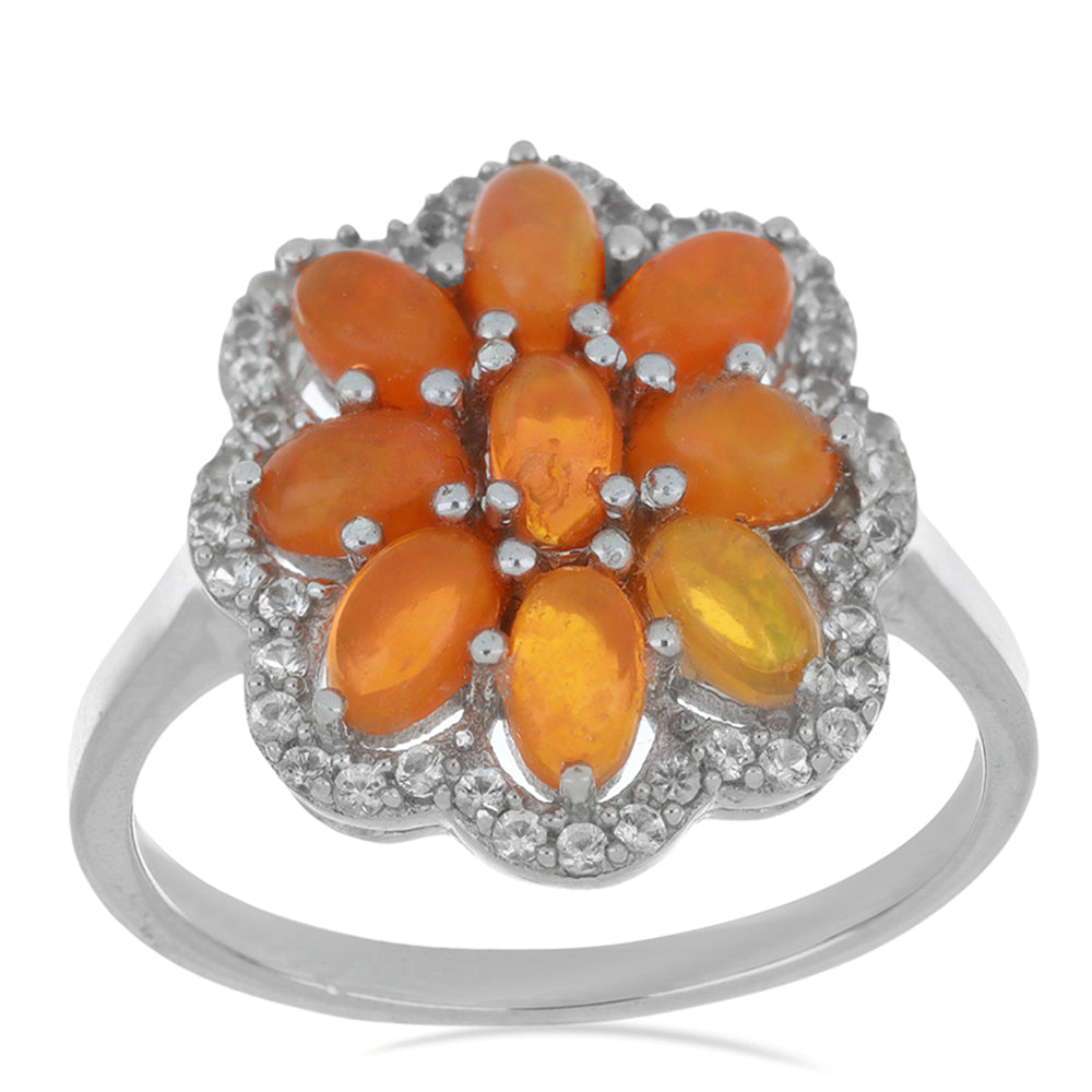 Anel de Prata com Opala Laranja de Lega Dembi e Topázio Branco Contraste: Cabeca de Veado (800)