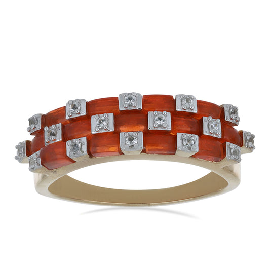 Anel de Prata com Banho de Ouro com Opala Laranja de Lega Dembi e Topázio Branco Contraste: Cabeca de Veado (800)