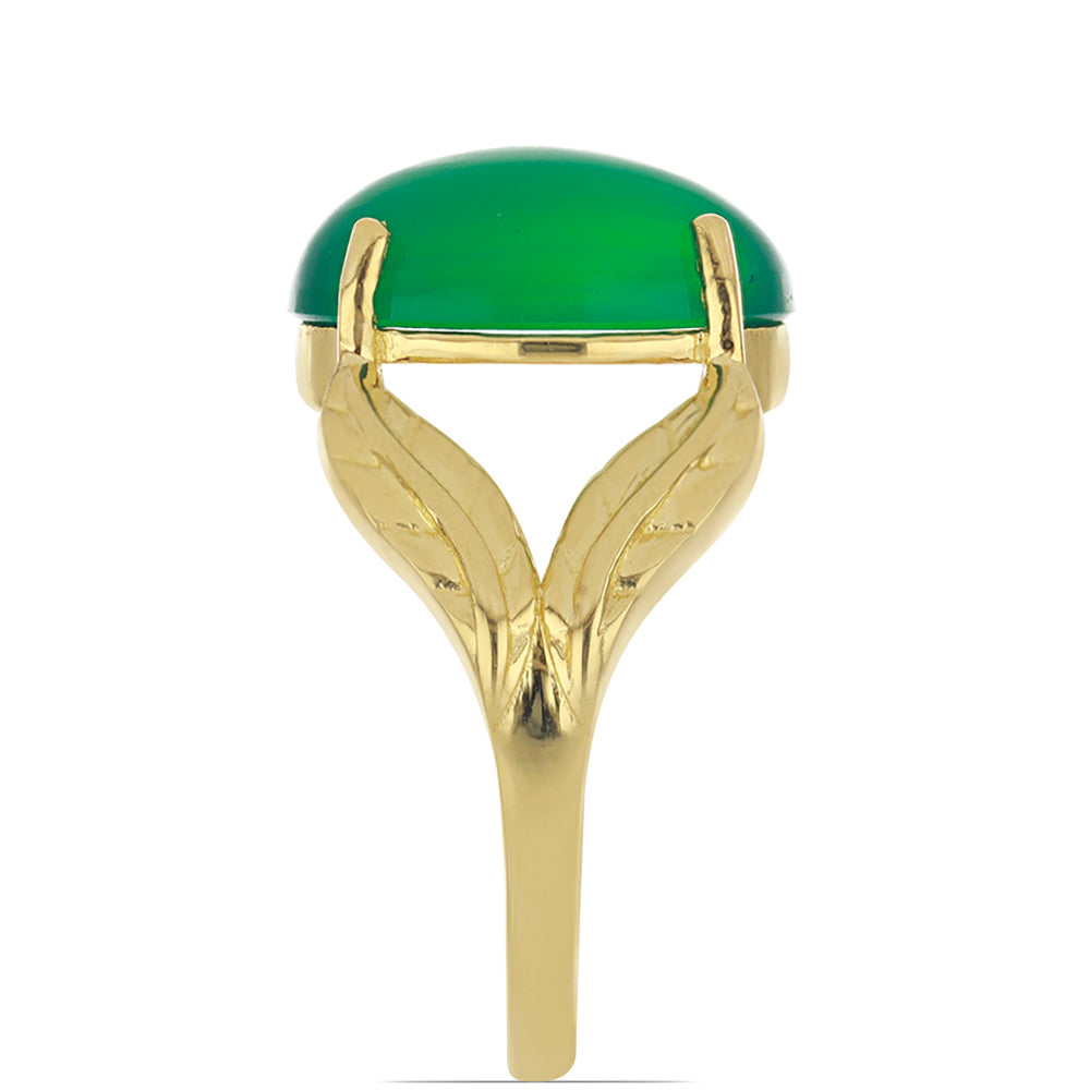 Anel de Prata com Banho de Ouro com Ágata Verde Contraste: Cabeca de Veado (800)