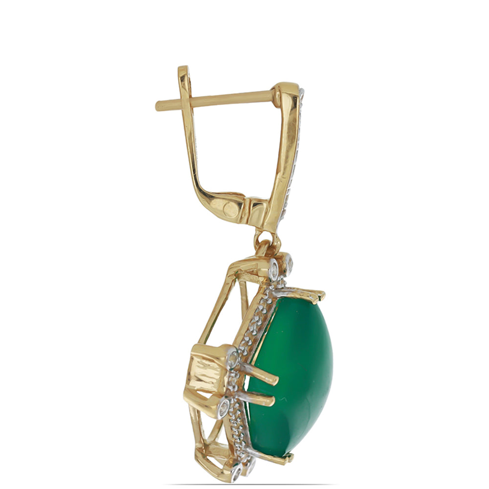 Brincos de Prata com Banho de Ouro com Ágata Verde e Topázio Branco Contraste: Cabeca de Veado (800)