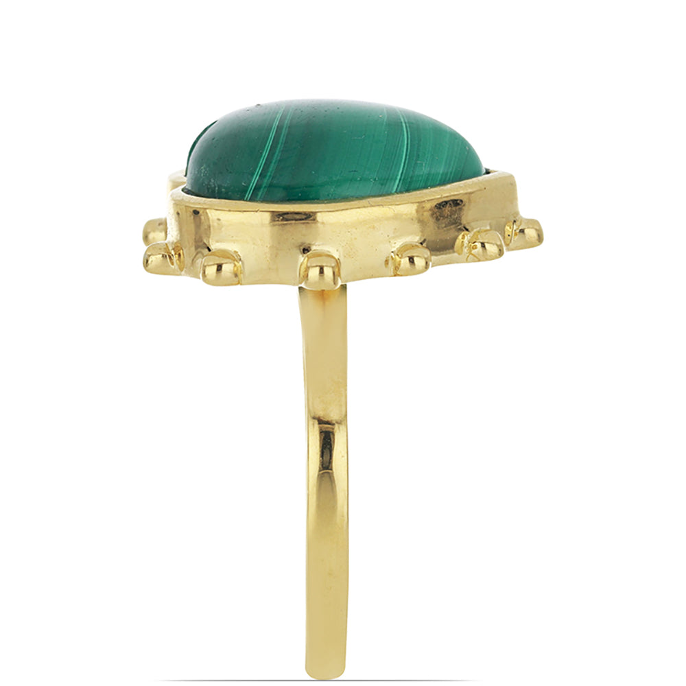 Anel de Prata com Banho de Ouro com Malaquita Galesa Contraste: Cabeca de Veado (800)