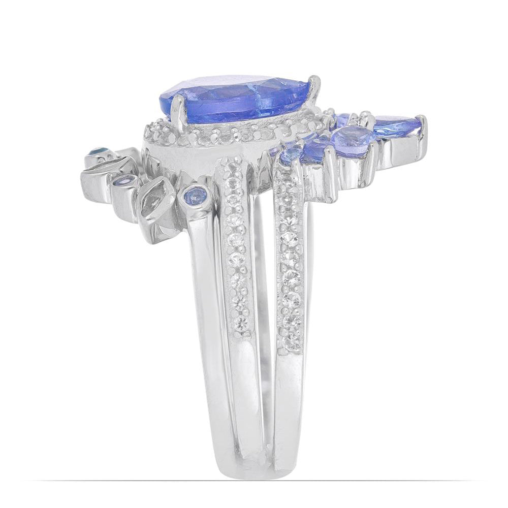 Anel de Prata com Tanzanite e Topázio Branco Contraste: Cabeca de Veado (800)