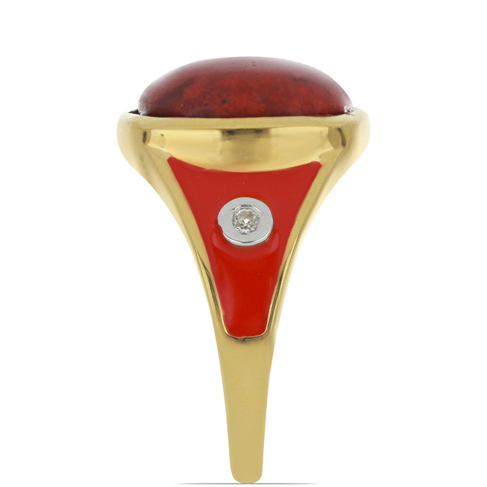 Anel de Prata com Banho de Ouro com Esmalte e Coral Esponja Vermelha Contraste: Cabeca de Veado (800)